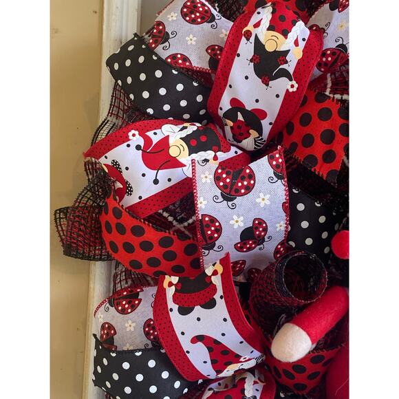 Ladybug Gnome Wreath Red Black White Mesh Polka Dot Door Decor Spring Summer 24” - Picture 4 of 7